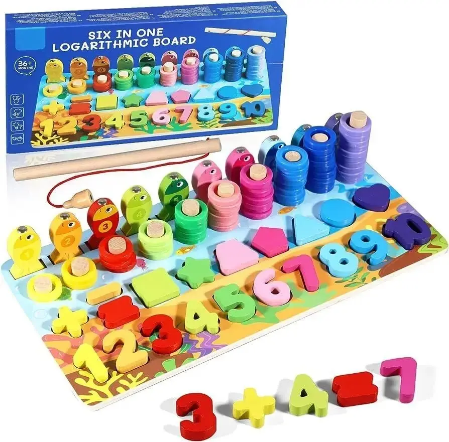 6 In 1 Wooden Logarithmic Board & Magnetic Fishing Activity Toy Set for Kids