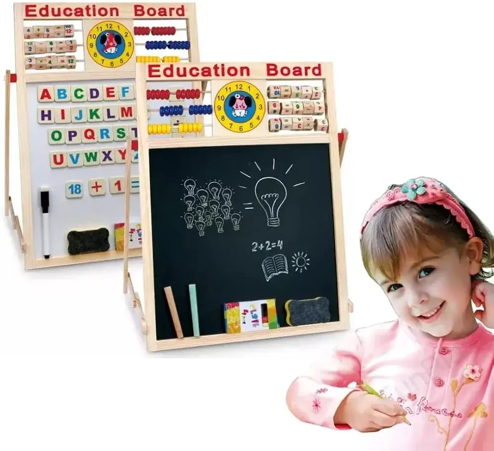 Multi-Functional Wooden Double Sided Learning Board with Abacus, Clock & Magnetic Letters